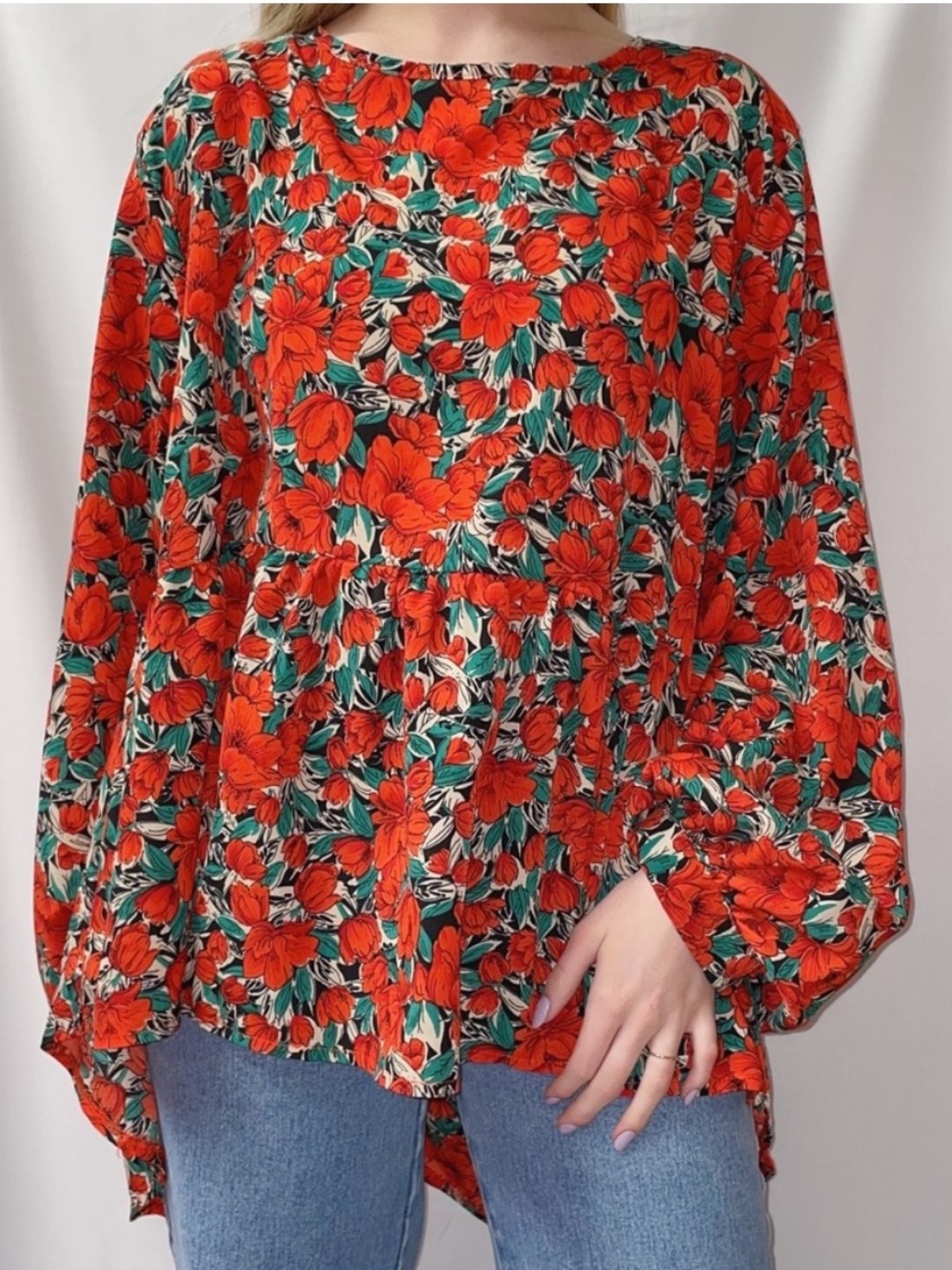 Red Rose Floral Long Sleeve Peplum High Low Plus Size 2XL Blouse Top